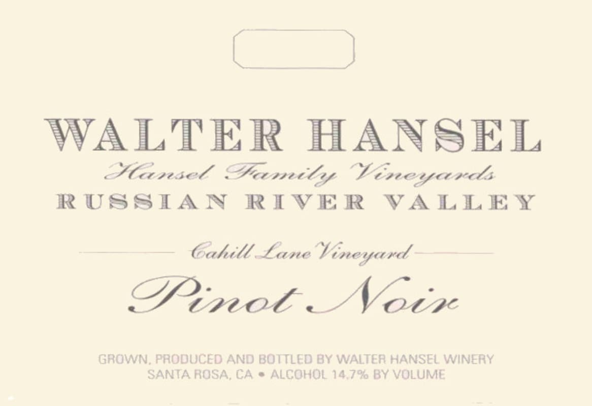 Walter Hansel Cahill Lane Vineyard Pinot Noir 2012 Front Label