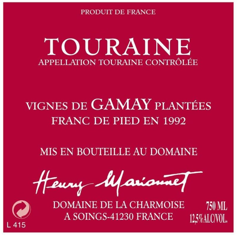 Domaine de la Charmoise Touraine Vinifera Gamay 2014 Front Label