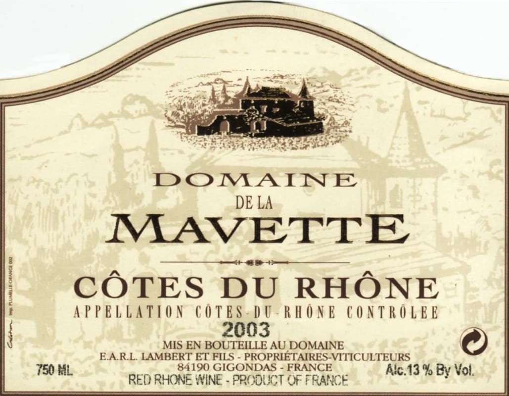 Domaine de La Mavette Cotes du Rhone 2003 Front Label