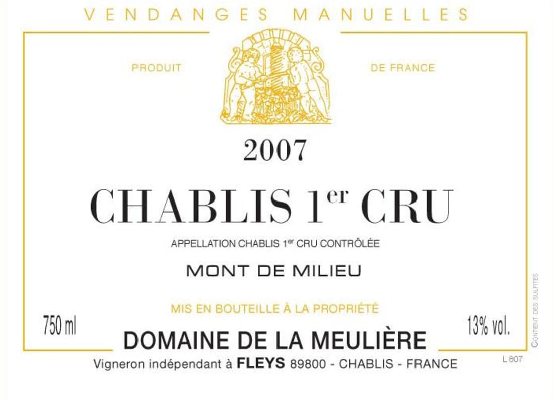 Domaine de la Meuliere Chablis Mont de Millieu Premier Cru 2007 Front Label