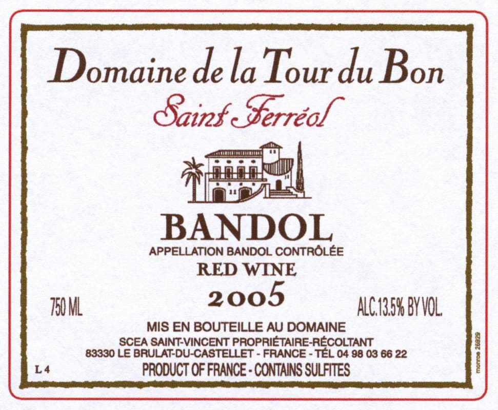 Domaine de La Tour du Bon Bandol Saint Ferreol 2005 Front Label