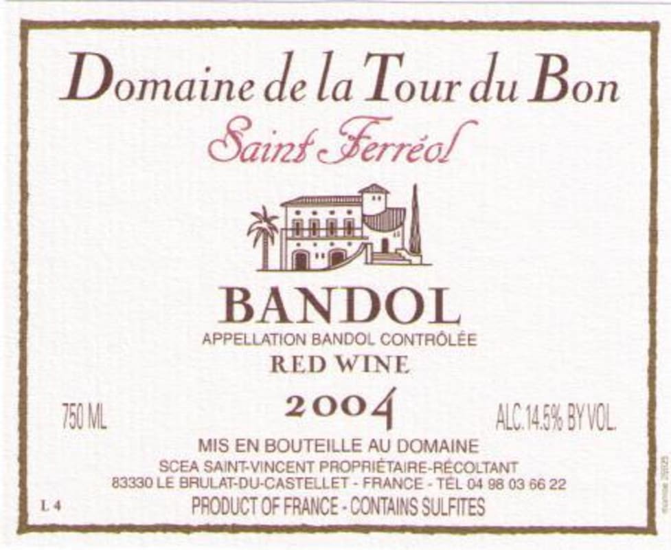 Domaine de La Tour du Bon Bandol Saint Ferreol 2004 Front Label