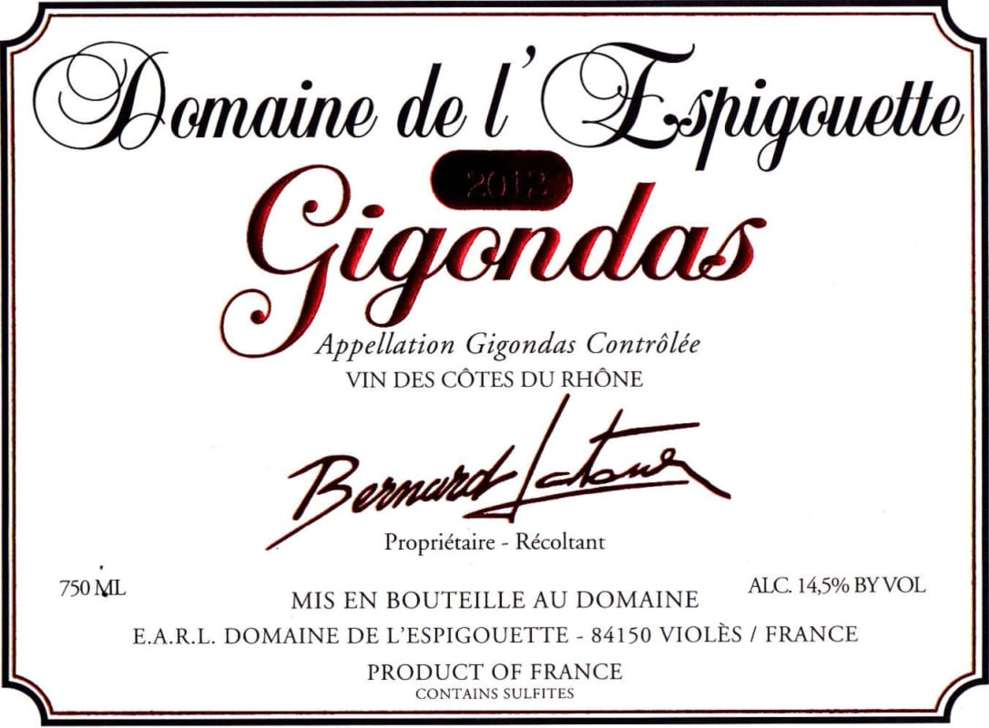 Domaine de l'Espigouette Gigondas 2012 Front Label