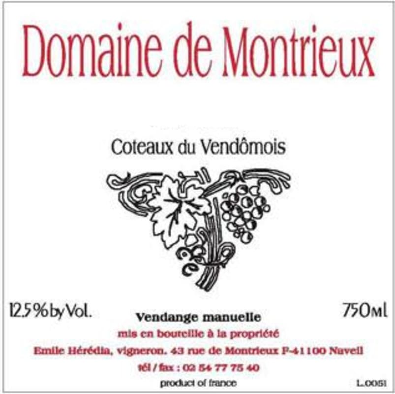 Domaine de Montrieux Coteaux du Vendomois Blanc 2008 Front Label