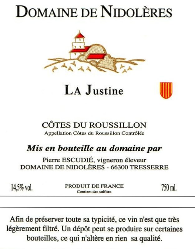 Domaine de Nidoleres Cotes du Roussillon La Justine 2008 Front Label