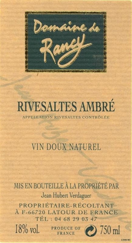 Domaine de Rancy Rivesaltes Ambre 2001 Front Label