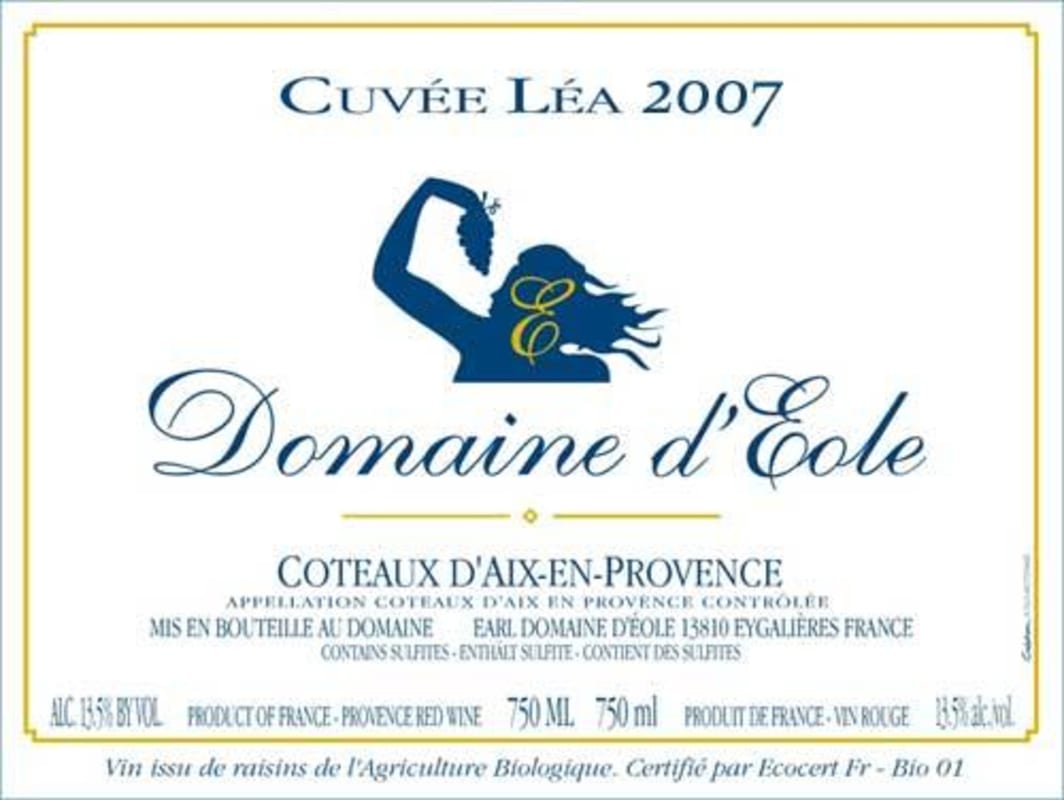 Domaine d'Eole Coteaux d'Aix-en-Provence Cuvee Lea 2007 Front Label