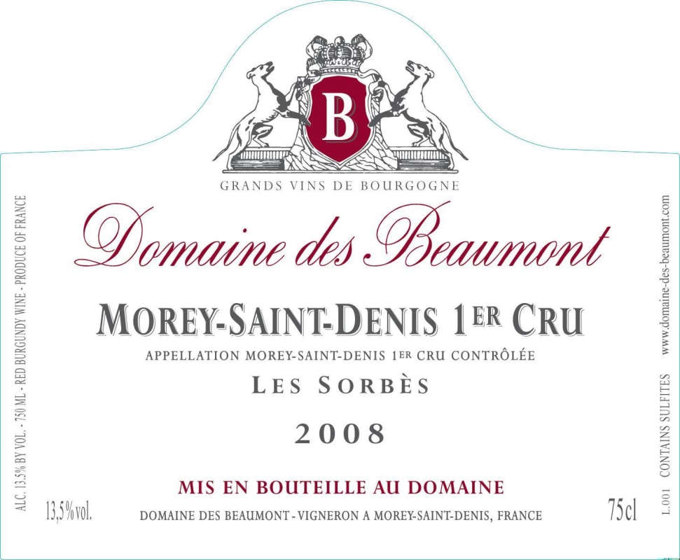Domaine des Beaumont Morey-Saint-Denis Les Sorbes Premier Cru 2008 Front Label