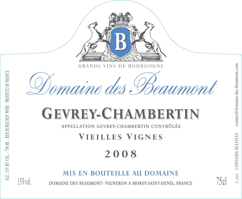 Domaine des Beaumont Gevrey-Chambertin Vieilles Vignes 2008 Front Label