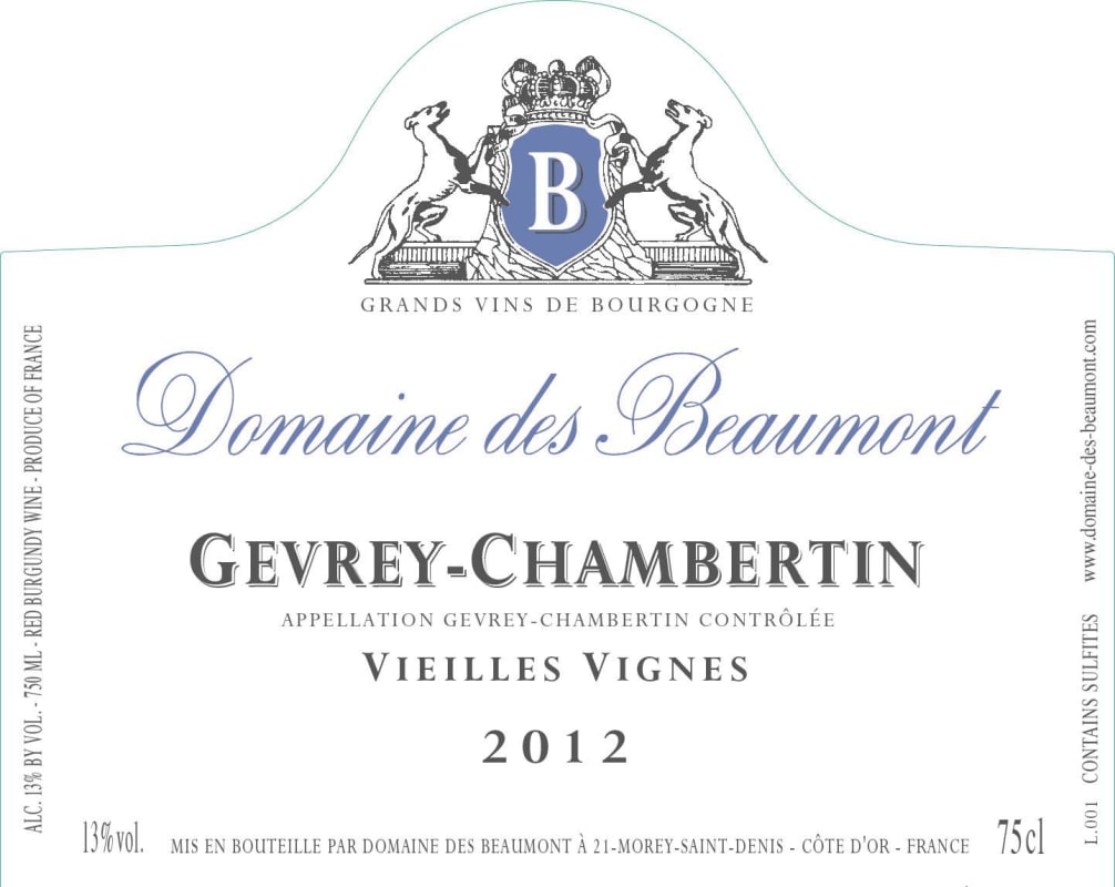 Domaine des Beaumont Gevrey-Chambertin Vieilles Vignes 2012 Front Label