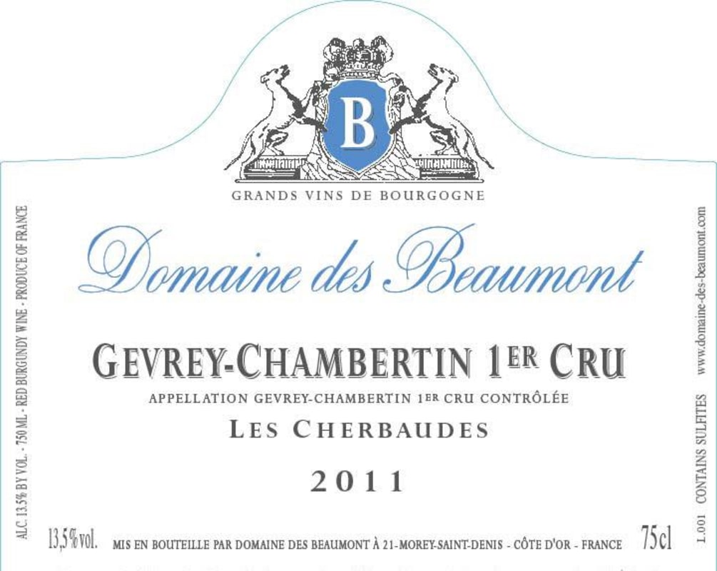 Domaine des Beaumont Gevrey-Chambertin Les Cherbaudes Premier Cru 2011 Front Label