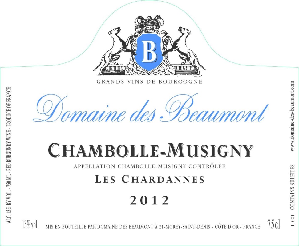 Domaine des Beaumont Chambolle-Musigny Les Chardannes 2012 Front Label
