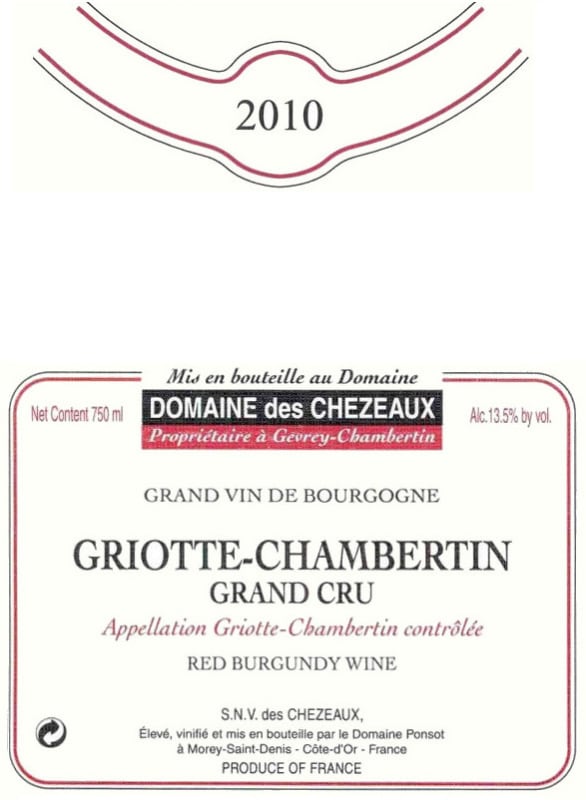 Domaine des Chezeaux Griottes-Chambertin Grand Cru 2010 Front Label