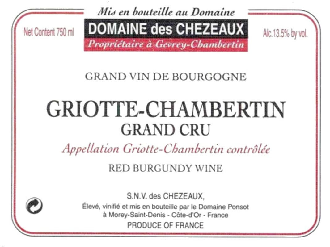 Domaine des Chezeaux Griottes-Chambertin Grand Cru 2014 Front Label