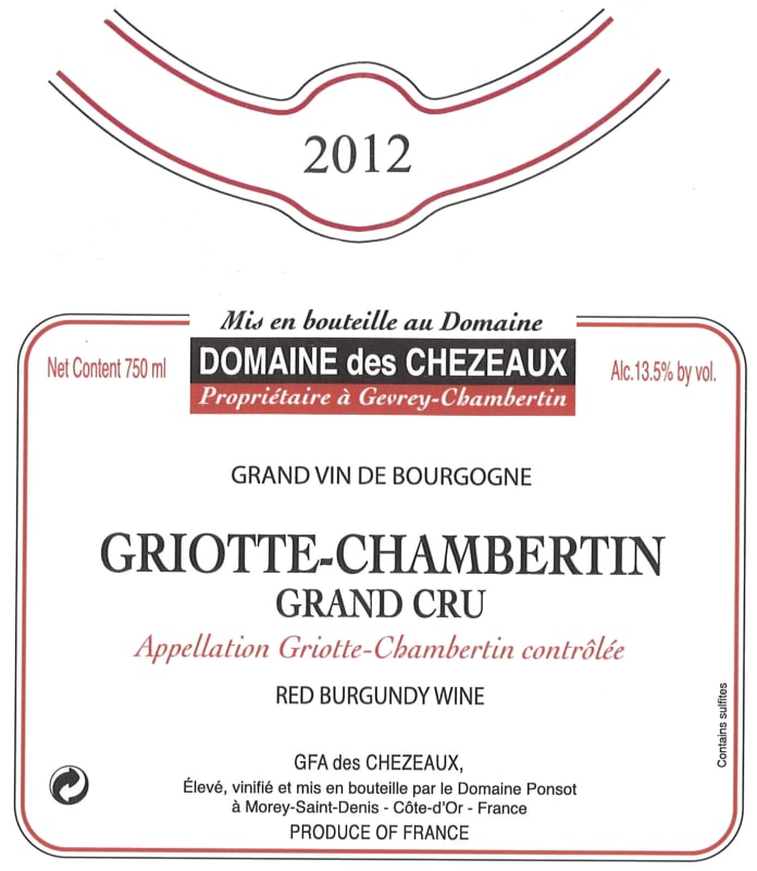 Domaine des Chezeaux Griottes-Chambertin Grand Cru 2012 Front Label