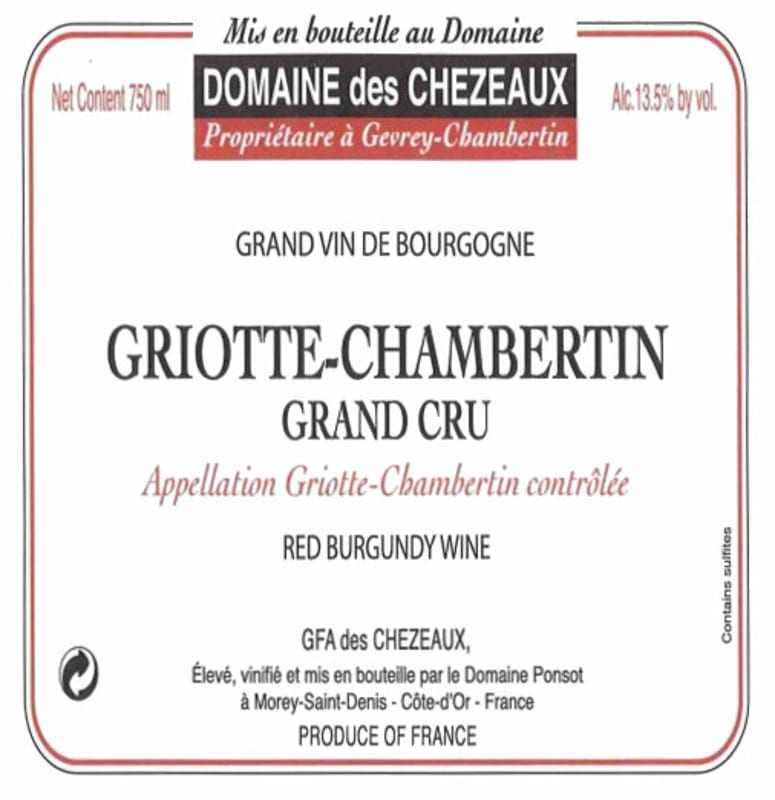 Domaine des Chezeaux Griottes-Chambertin Grand Cru 2013 Front Label