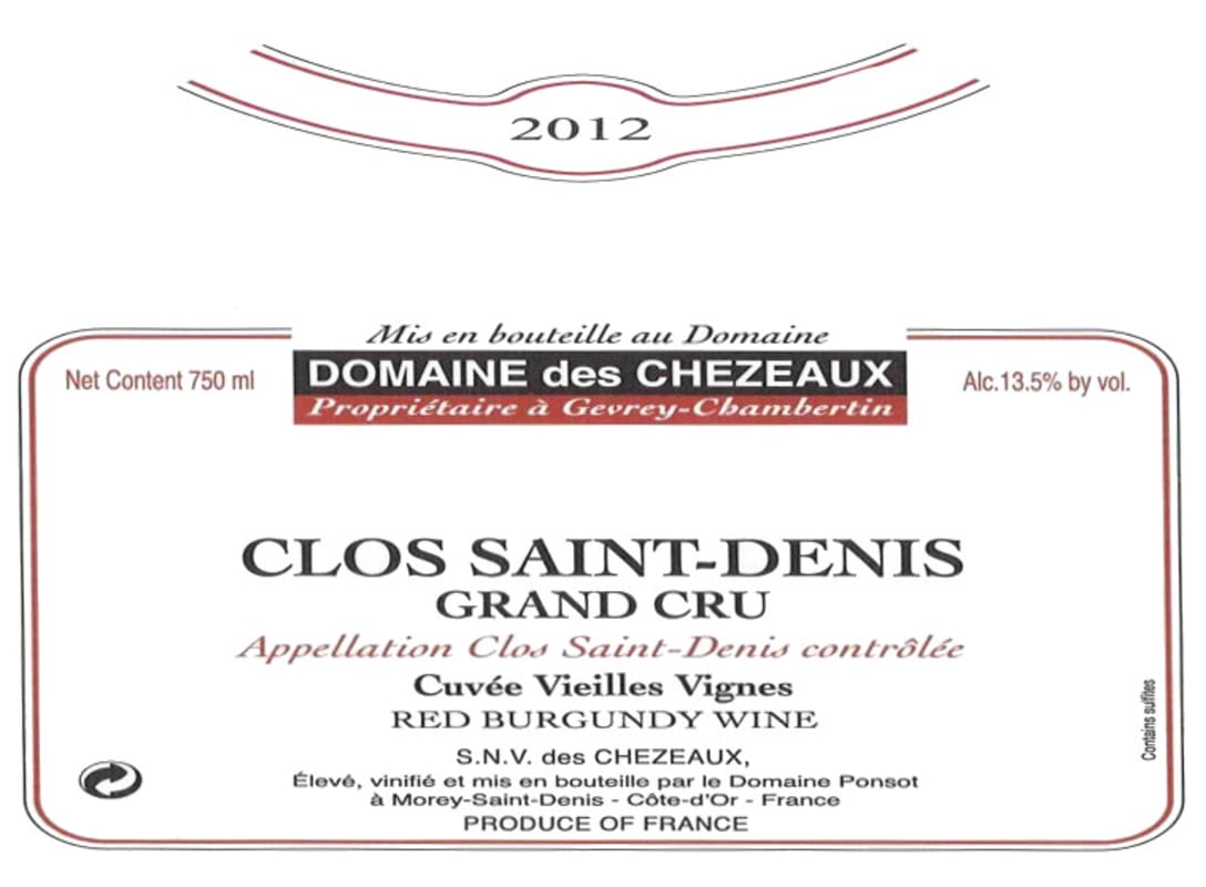 Domaine des Chezeaux Clos Saint-Denis Grand Cru 2012 Front Label