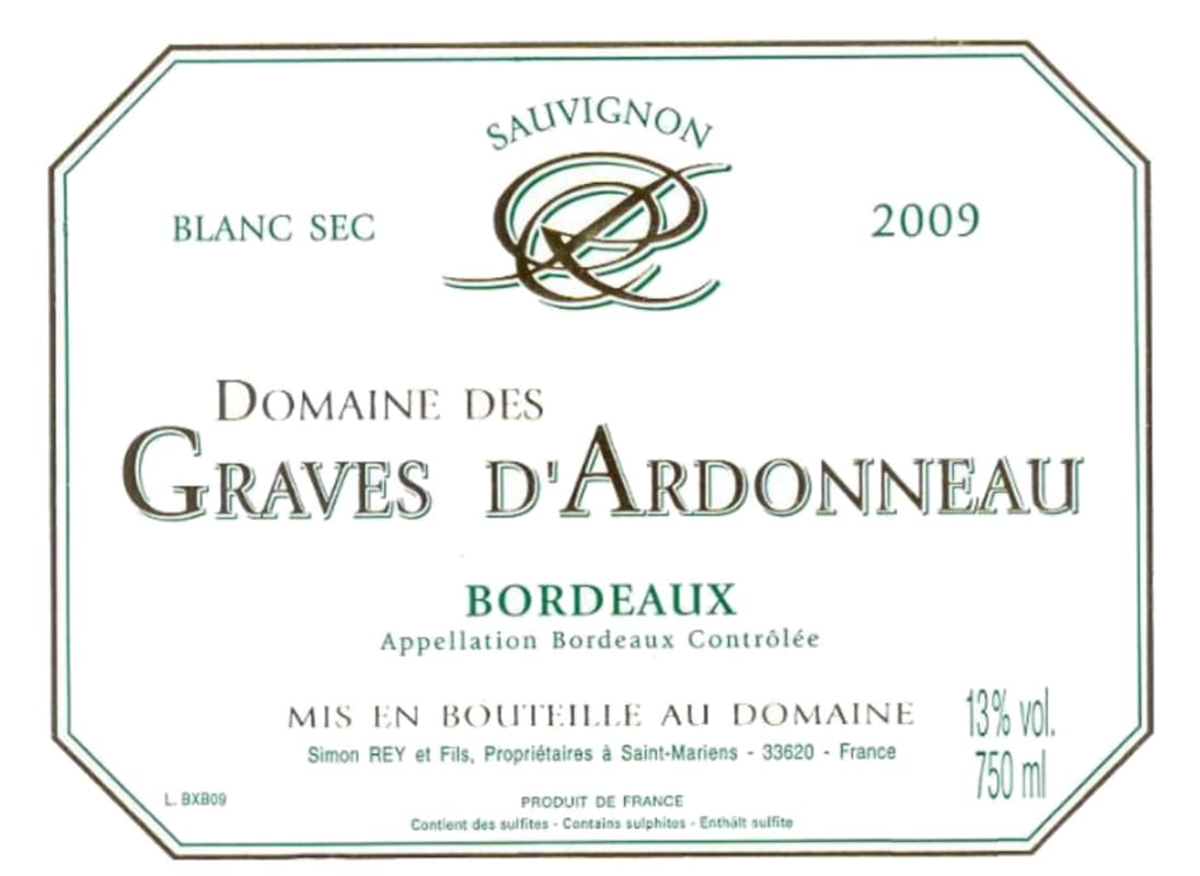 Domaine des Graves d'Ardonneau Bordeaux Sauvignon Blanc 2009 Front Label