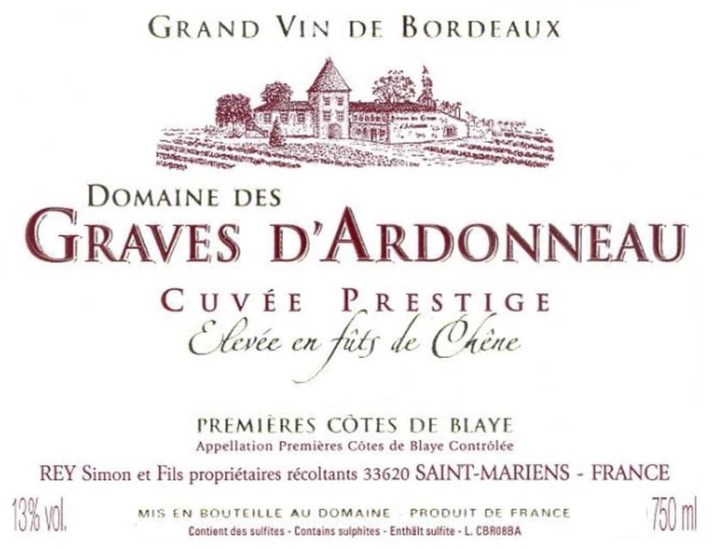 Domaine des Graves d'Ardonneau Cotes de Bordeaux Cuvee Prestige 2012 Front Label