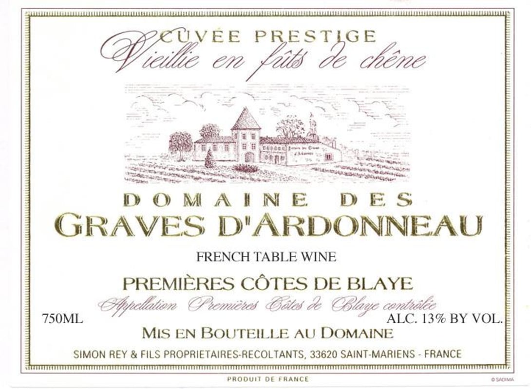 Domaine des Graves d'Ardonneau Cotes de Bordeaux Blaye Cuvee Prestige Blanc 2009 Front Label