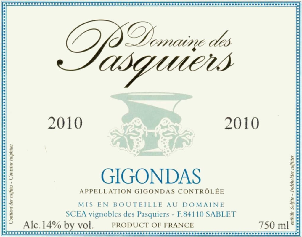 Domaine des Pasquiers Gigondas 2010 Front Label