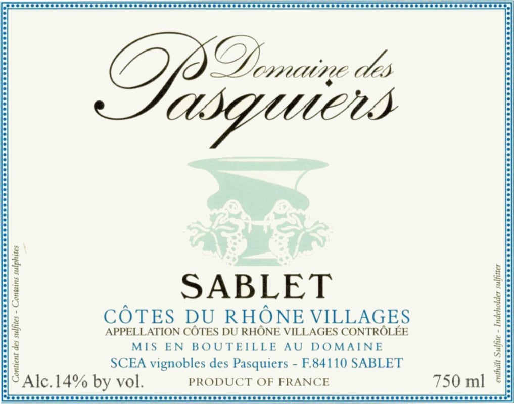 Domaine des Pasquiers Cotes du Rhone Villages Sablet 2012 Front Label