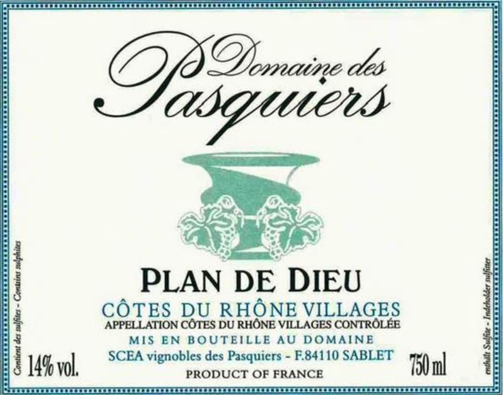 Domaine des Pasquiers Cotes du Rhone Villages Plan de Dieu 2013 Front Label