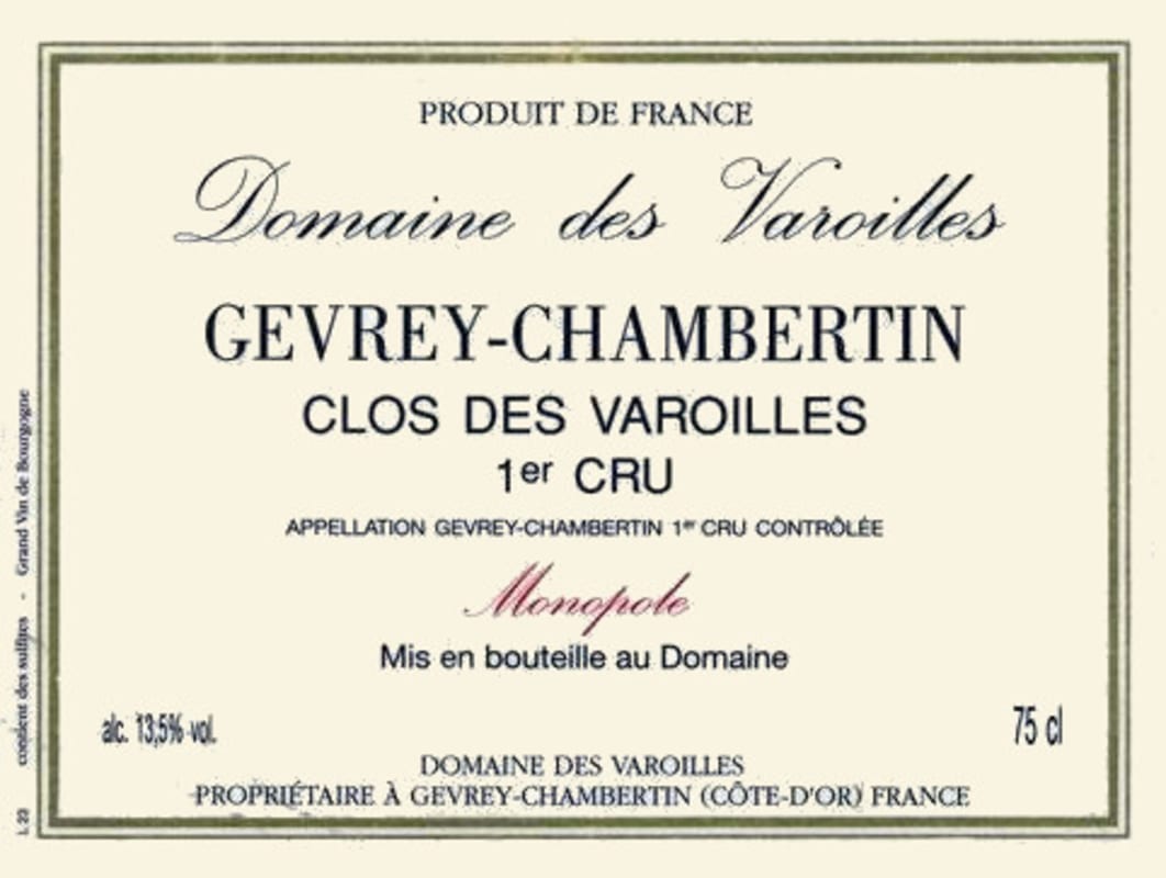 Domaine des Varoilles Gevrey-Chambertin Clos des Varoilles Premier Cru Monopole 2012 Front Label