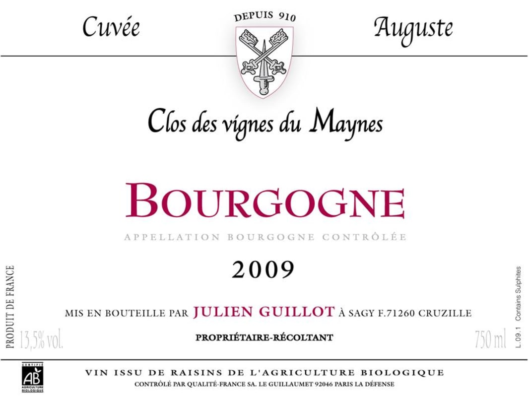Domaine des Vignes du Maynes Bourgogne Cuvee Auguste Rouge 2009 Front Label