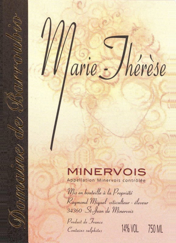 Domaine du Barroubio Minervois Cuvee Marie-Therese 2014 Front Label