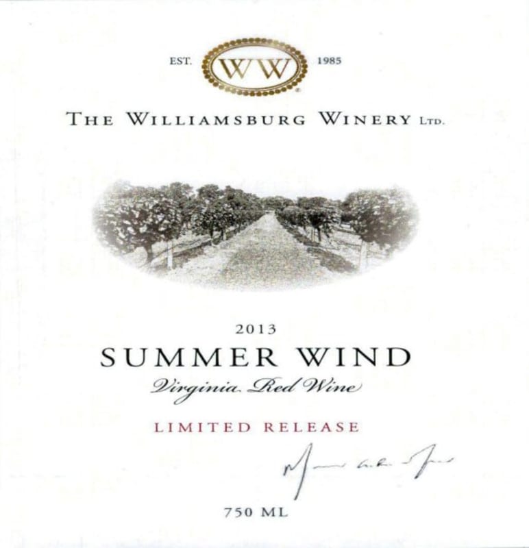 Williamsburg Winery Summer Wind Red 2013 Front Label