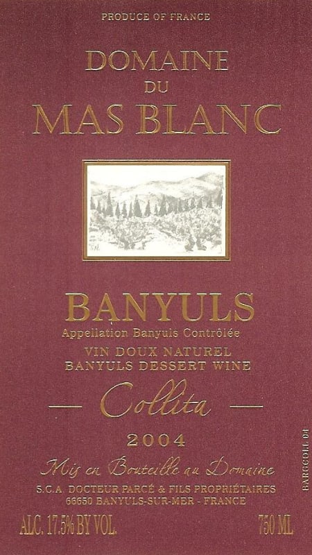 Domaine du Mas Blanc Banyuls Collita 2004 Front Label