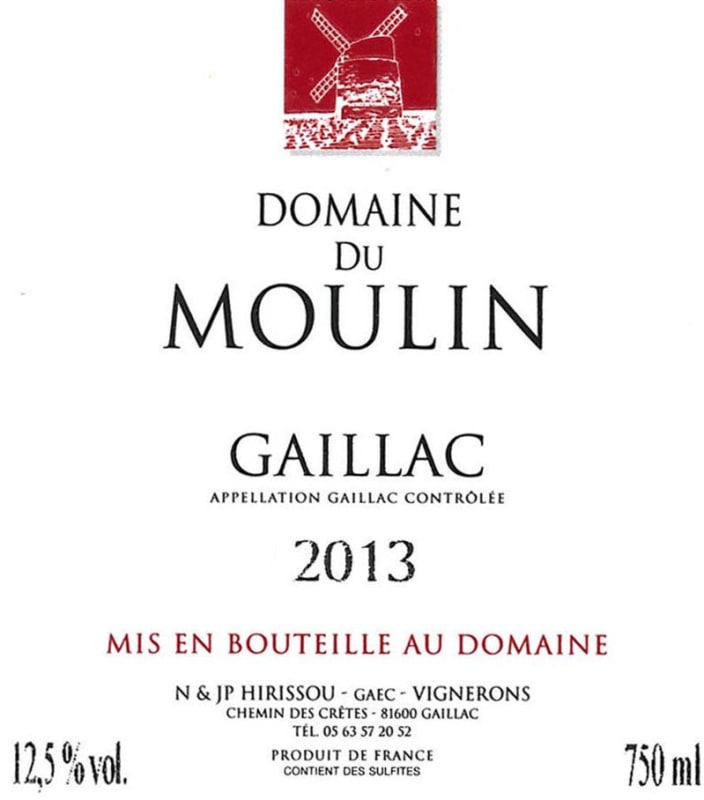 Domaine du Moulin (Midi Pyrenees) Gaillac Rouge 2013 Front Label