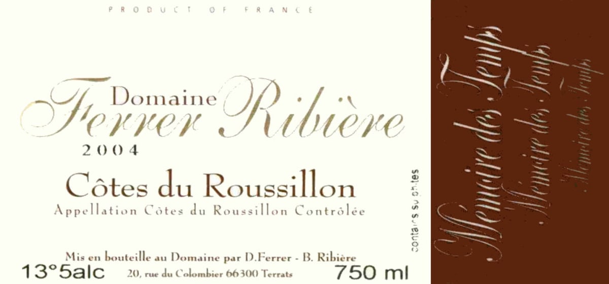 Domaine Ferrer Ribiere Cotes du Roussillon Memoire des Temps 2004 Front Label