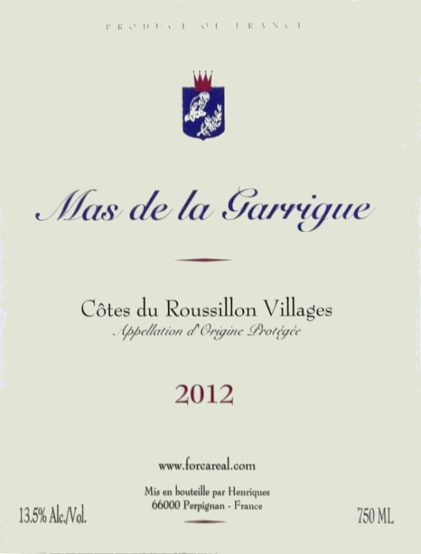 Domaine Forca Real Cotes du Roussillon Villages Mas de la Garrigue 2012 Front Label