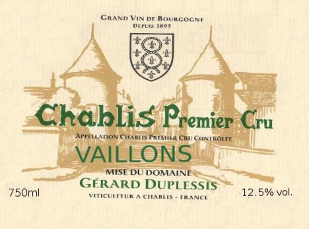 Domaine Gerard Duplessis Chablis Vaillons Premier Cru 2012 Front Label