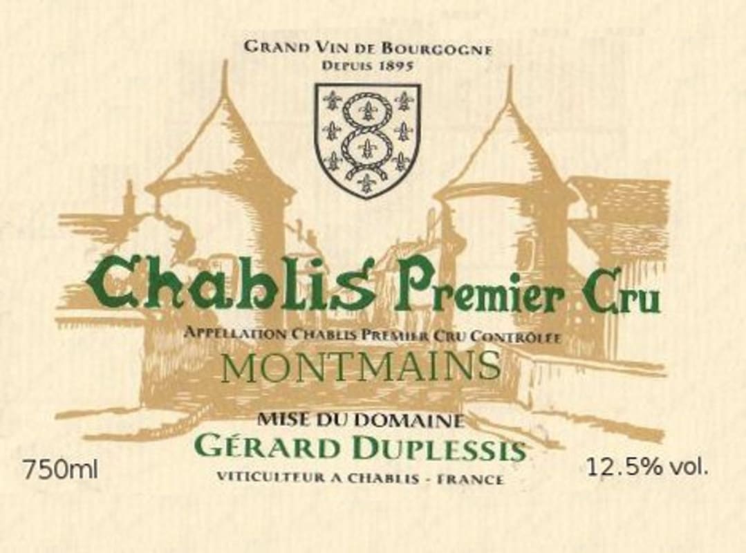 Domaine Gerard Duplessis Chablis Montmains Premier Cru 2012 Front Label