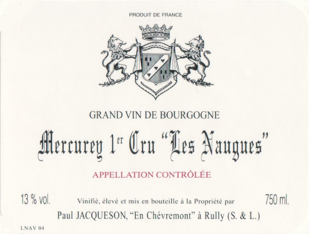 Domaine Jacqueson Mercurey Les Naugues Premier Cru 2014 Front Label