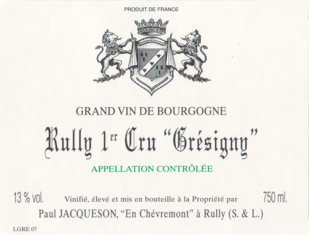 Domaine Jacqueson Rully Gresigny Premier Cru 2011 Front Label