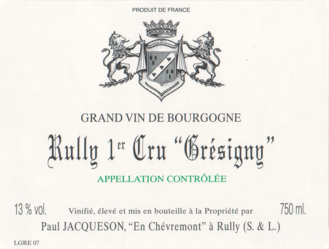Domaine Jacqueson Rully Gresigny Premier Cru 2012 Front Label