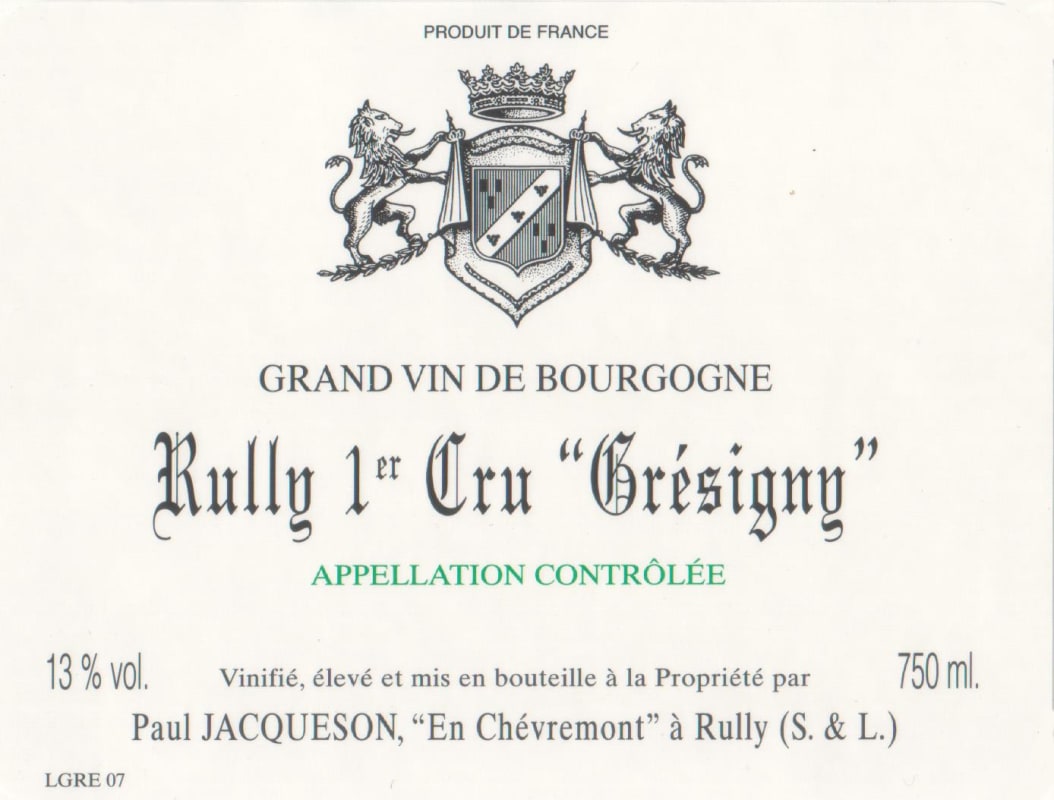 Domaine Jacqueson Rully Gresigny Premier Cru 2009 Front Label