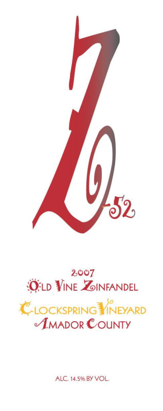 Z-52 Clockspring Vineyard Old Vine Zinfandel 2007 Front Label
