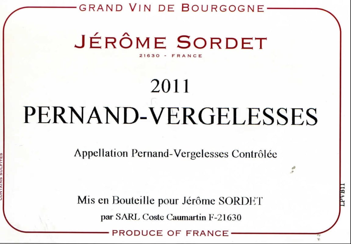 Domaine Jerome Sordet Pernand-Vergelesses 2011 Front Label