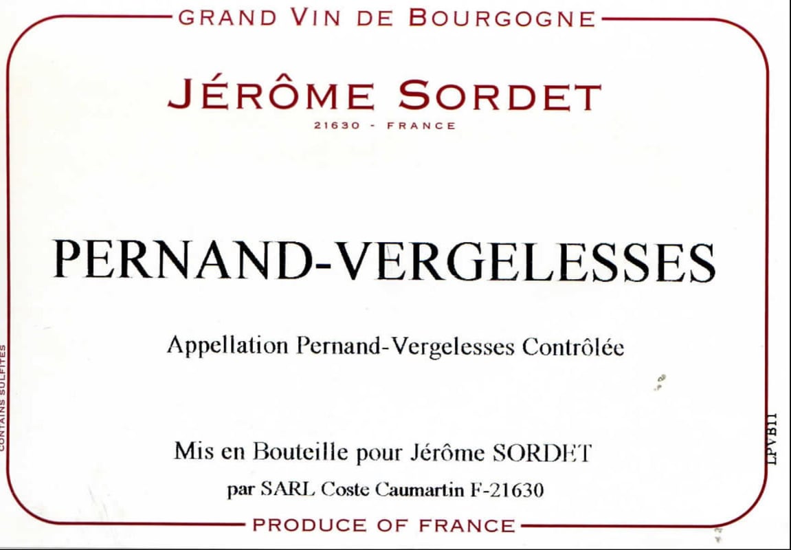 Domaine Jerome Sordet Pernand-Vergelesses 2014 Front Label