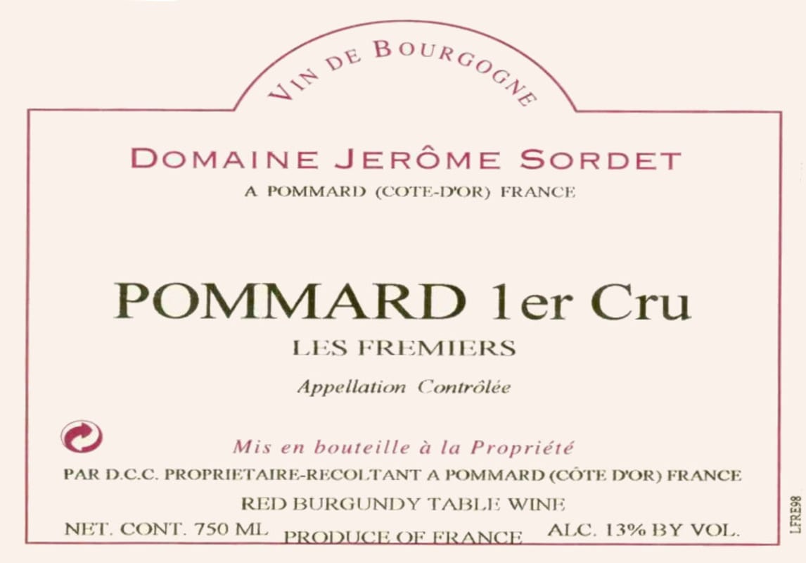 Domaine Jerome Sordet Pommard Les Fremiers Premier Cru 2005 Front Label