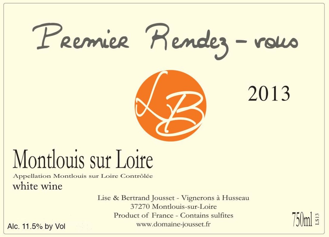 Domaine Jousset Montlouis Premier Rendez-Vous Sec 2013 Front Label