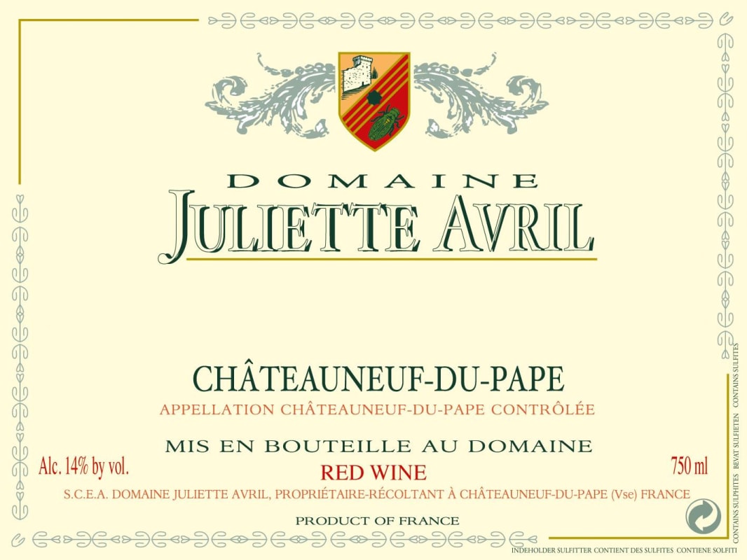 Domaine Juliette Avril Chateauneuf-du-Pape 2014 Front Label