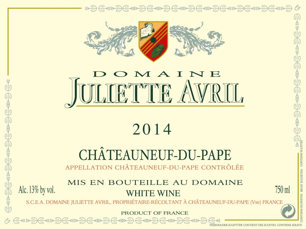 Domaine Juliette Avril Chateauneuf-du-Pape Blanc 2014 Front Label