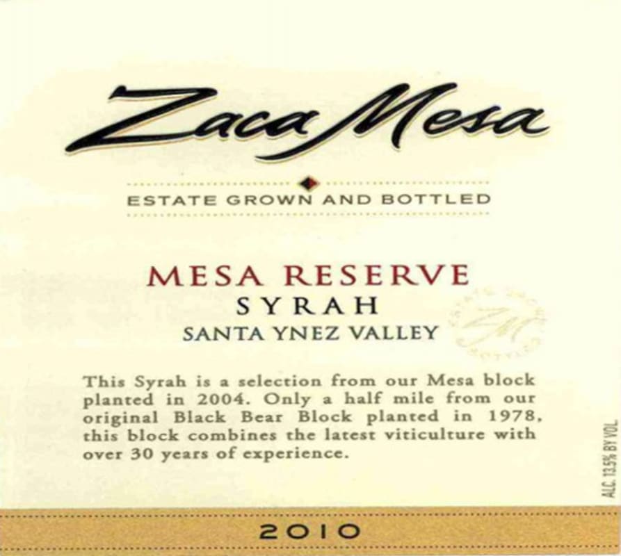 Zaca Mesa Mesa Reserve Syrah 2010 Front Label