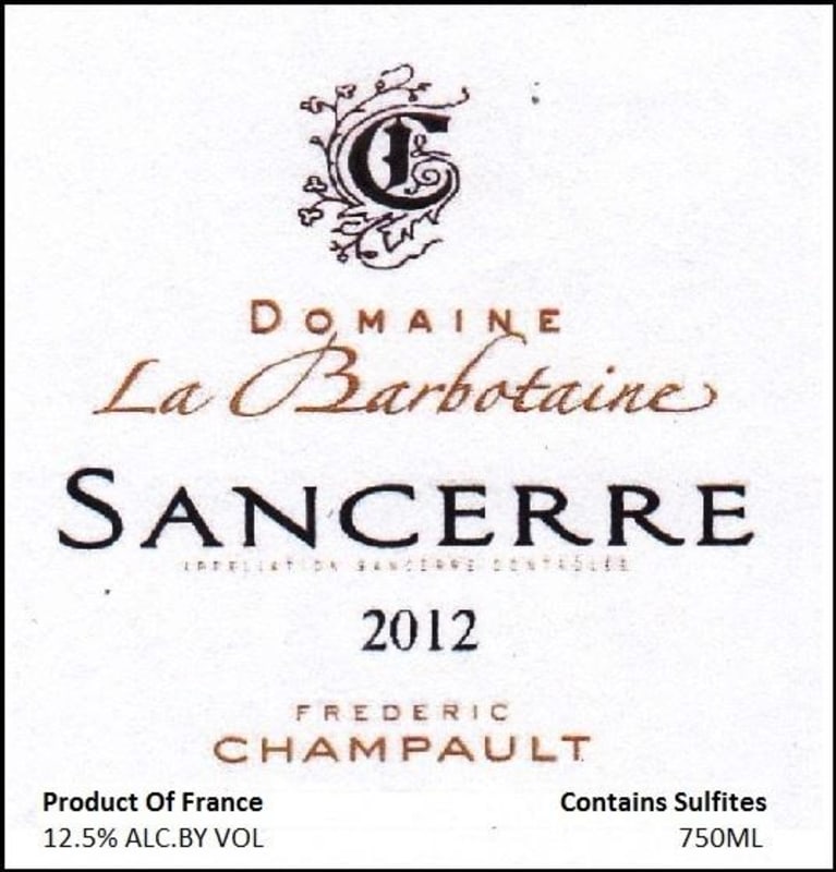Domaine La Barbotaine Sancerre 2012 Front Label